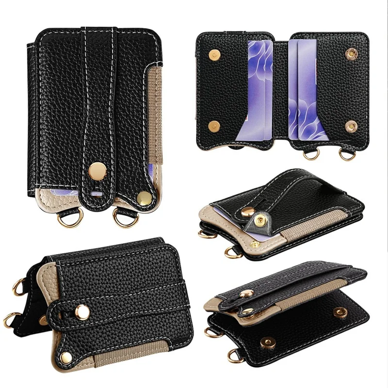 Fishtail Style Card Holder Adhesive Leather Phone Wallet Kickstand with 35cm Short Strap 70-140cm Crossbody Lanyard - Black