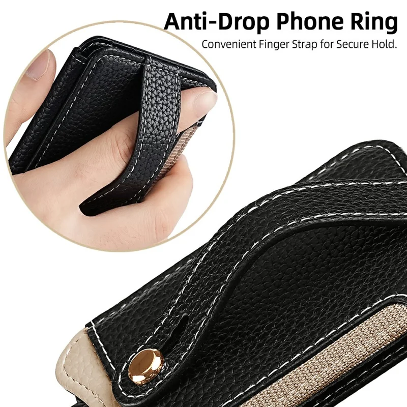 Fishtail Style Card Holder Adhesive Leather Phone Wallet Kickstand with 35cm Short Strap 70-140cm Crossbody Lanyard - Black