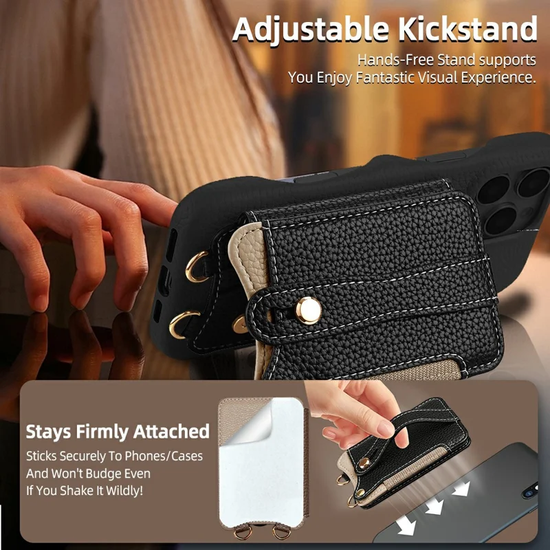 Fishtail Style Card Holder Adhesive Leather Phone Wallet Kickstand with 35cm Short Strap 70-140cm Crossbody Lanyard - Black