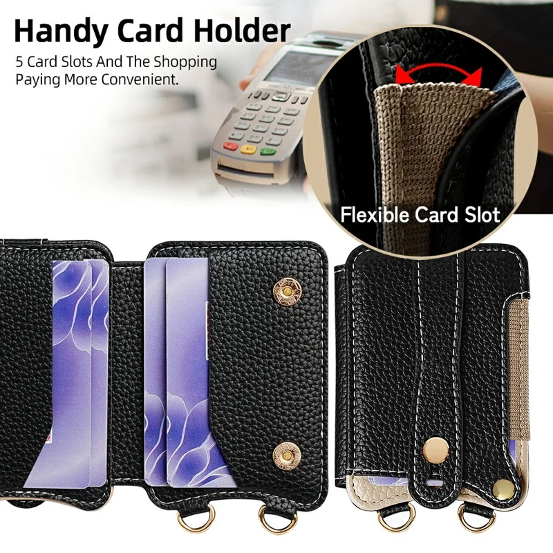 Fishtail Style Card Holder Adhesive Leather Phone Wallet Kickstand with 35cm Short Strap 70-140cm Crossbody Lanyard - Black