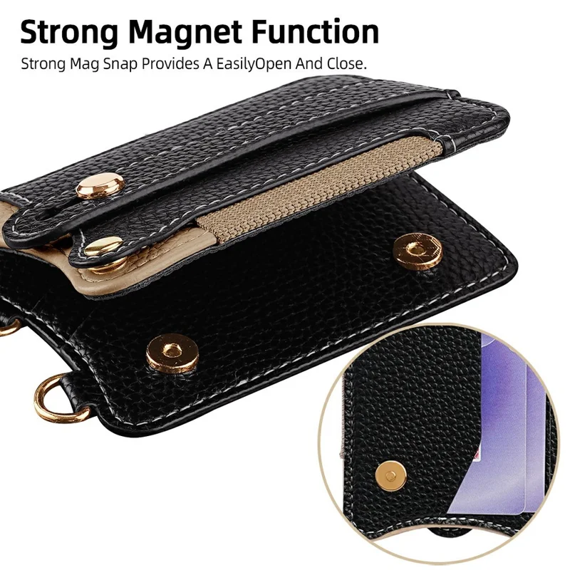 Fishtail Style Card Holder Adhesive Leather Phone Wallet Kickstand with 35cm Short Strap 70-140cm Crossbody Lanyard - Black
