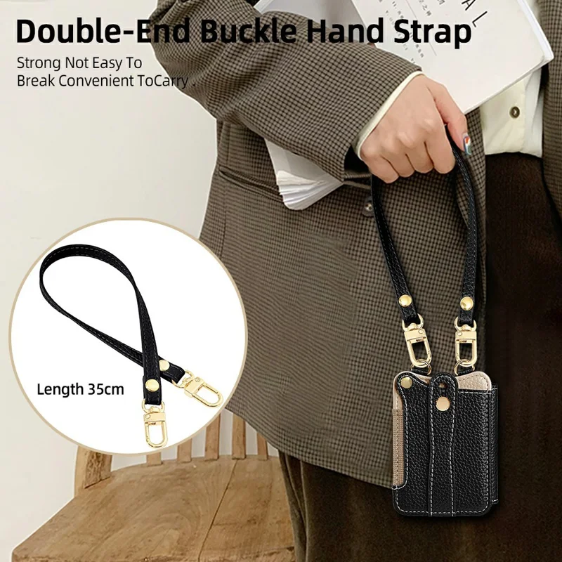 Fishtail Style Card Holder Adhesive Leather Phone Wallet Kickstand with 35cm Short Strap 70-140cm Crossbody Lanyard - Black