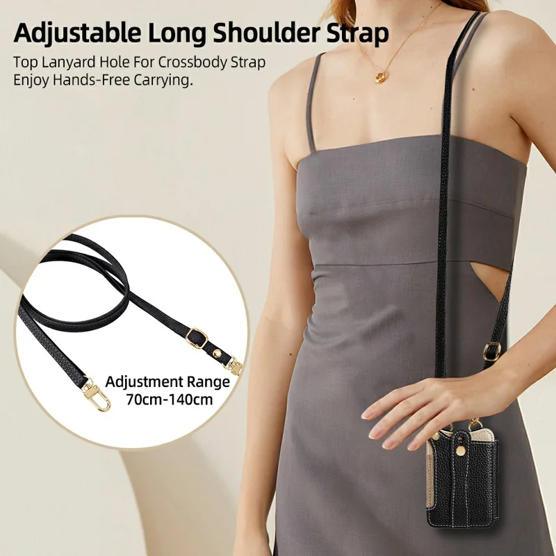 Fishtail Style Card Holder Adhesive Leather Phone Wallet Kickstand with 35cm Short Strap 70-140cm Crossbody Lanyard - Black