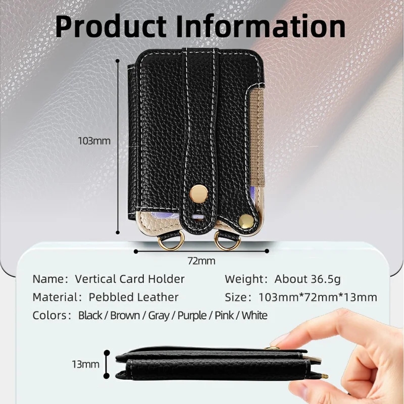 Fishtail Style Card Holder Adhesive Leather Phone Wallet Kickstand with 35cm Short Strap 70-140cm Crossbody Lanyard - Black