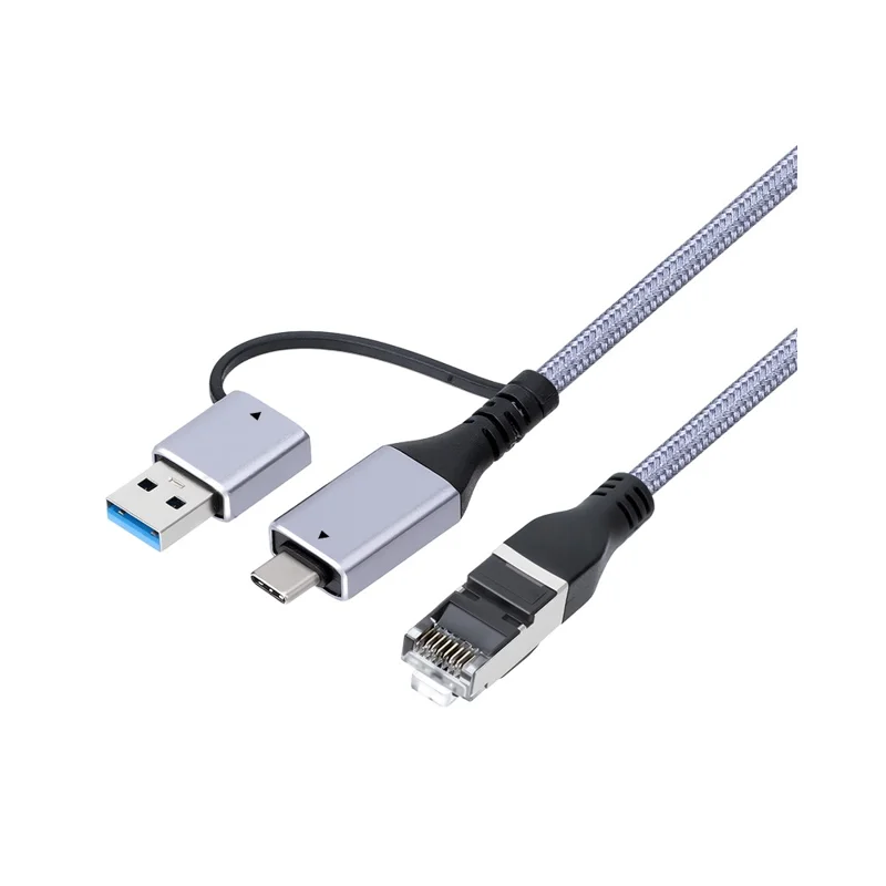 KY01 2m USB-A + Type-C auf RJ45 2-in-1 Gigabit-Ethernet-Kabel 1000 Mbps Netzwerkadapterkabel für Laptop, Telefon – Grau / Silber