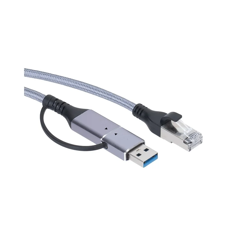 KY01 2m USB-A + Type-C auf RJ45 2-in-1 Gigabit-Ethernet-Kabel 1000 Mbps Netzwerkadapterkabel für Laptop, Telefon – Grau / Silber