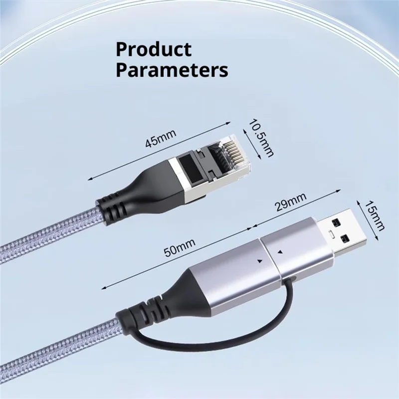 KY01 2m USB-A + Type-C auf RJ45 2-in-1 Gigabit-Ethernet-Kabel 1000 Mbps Netzwerkadapterkabel für Laptop, Telefon – Grau / Silber