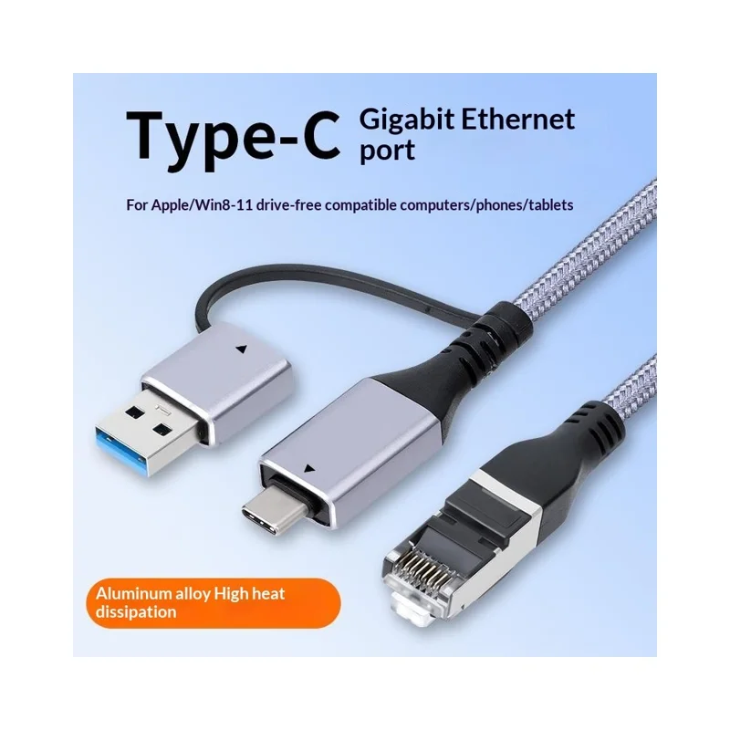 KY01 2m USB-A + Type-C auf RJ45 2-in-1 Gigabit-Ethernet-Kabel 1000 Mbps Netzwerkadapterkabel für Laptop, Telefon – Grau / Silber