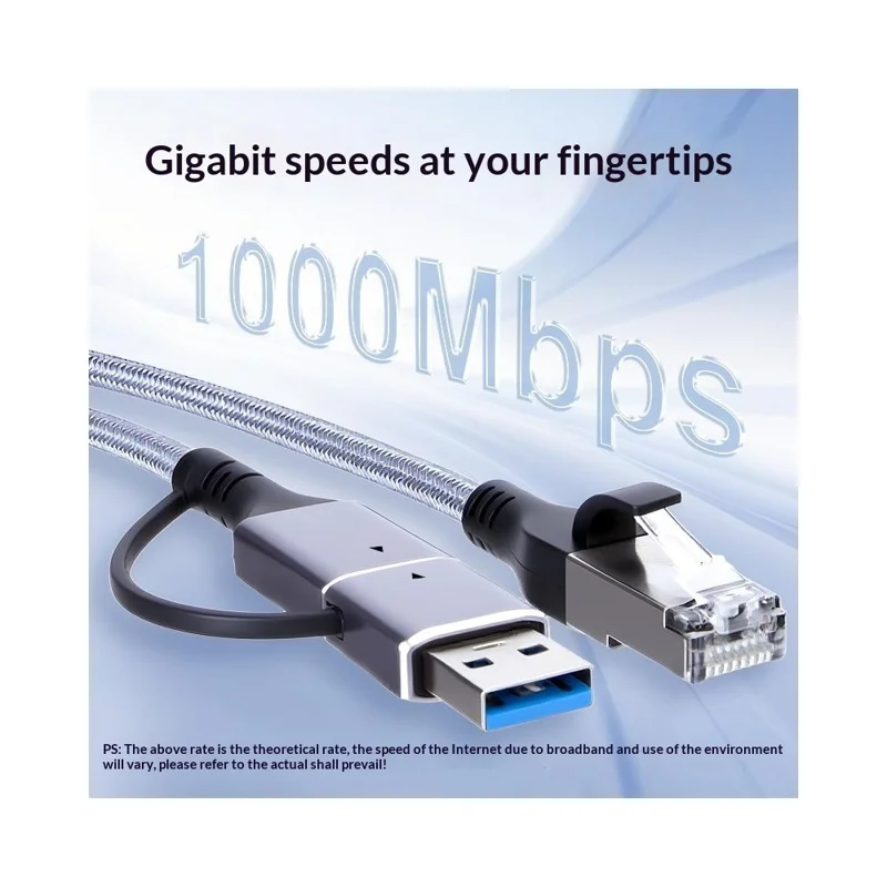 KY01 2m USB-A + Type-C auf RJ45 2-in-1 Gigabit-Ethernet-Kabel 1000 Mbps Netzwerkadapterkabel für Laptop, Telefon – Grau / Silber