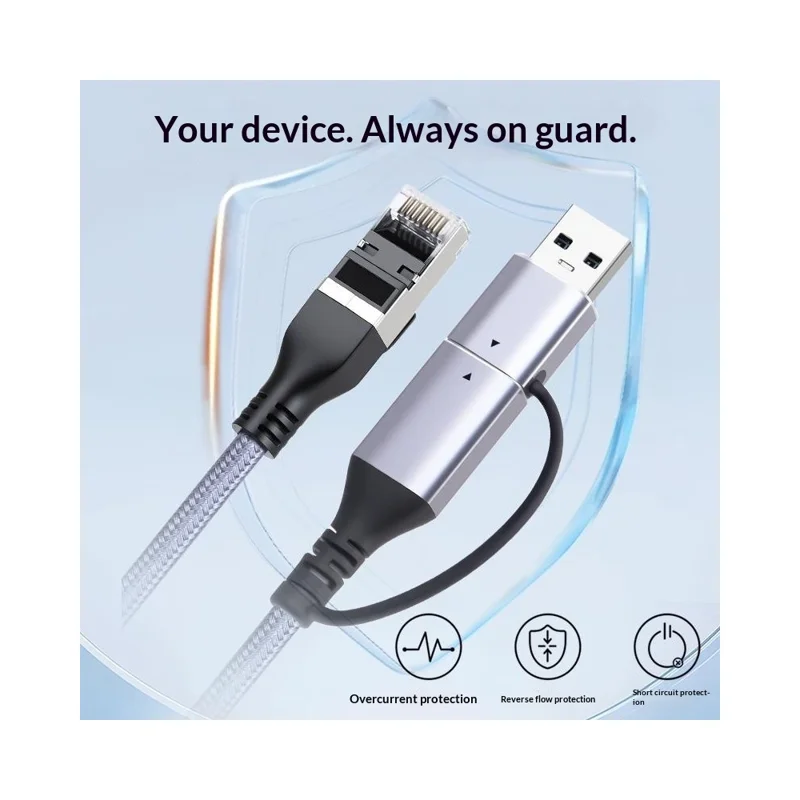 KY01 2m USB-A + Type-C auf RJ45 2-in-1 Gigabit-Ethernet-Kabel 1000 Mbps Netzwerkadapterkabel für Laptop, Telefon – Grau / Silber