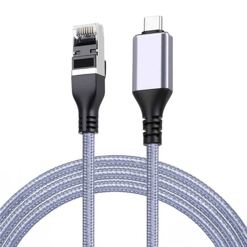KY01A 1.8m USB-C to RJ45 Ethernet Adapter Braided Cable 1000Mbps Gigabit Network Cable for Laptop Phone Tablet - Grey  /  Silver