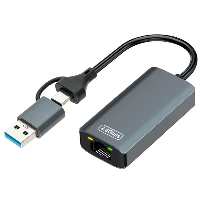 KY24 2-in-1 USB  /  Type-C to RJ45 2.5Gbps Ethernet Adapter Aluminum Alloy Gigabit Network Card for Desktop Laptop - Grey