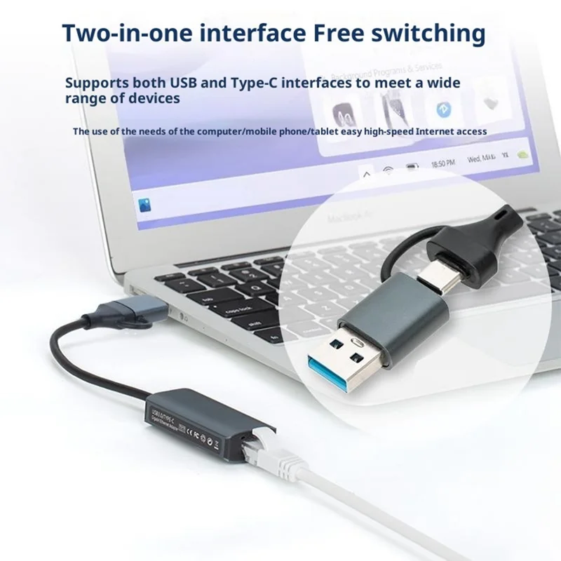 KY24 2-in-1 USB  /  Type-C to RJ45 2.5Gbps Ethernet Adapter Aluminum Alloy Gigabit Network Card for Desktop Laptop - Grey