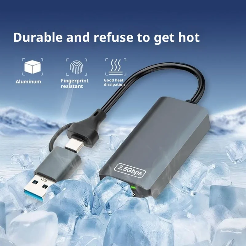 KY24 2-in-1 USB  /  Type-C to RJ45 2.5Gbps Ethernet Adapter Aluminum Alloy Gigabit Network Card for Desktop Laptop - Grey
