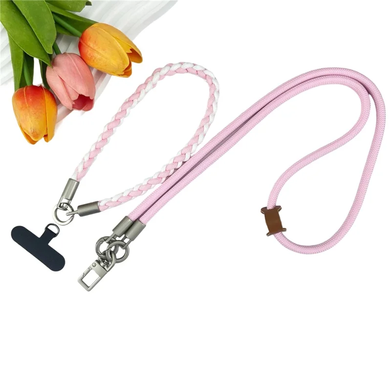 120cm Phone Neck Lanyard 3 in 1 Woven Braided Adjustable Hand Wrist Strap Shoulder Crossbody Strap - Pink