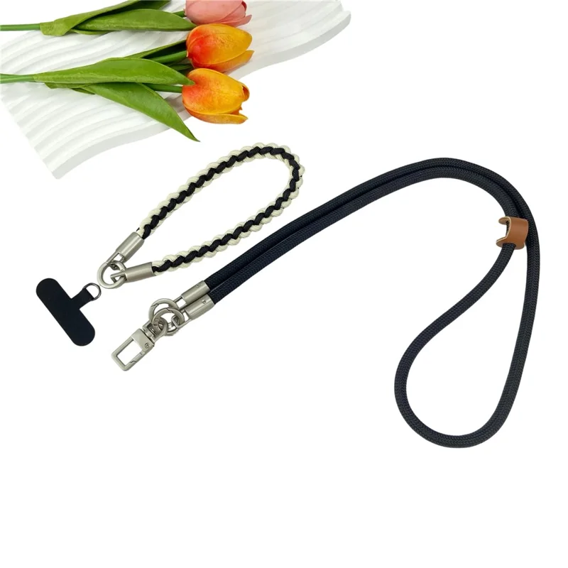 120cm Phone Neck Lanyard 3 in 1 Woven Braided Adjustable Hand Wrist Strap Shoulder Crossbody Strap - Black