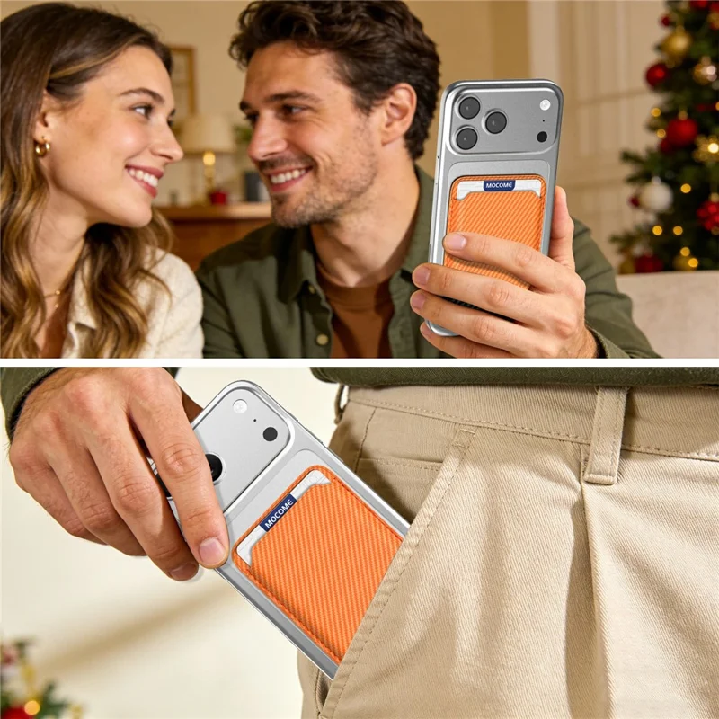 Magnetic Phone Card Holder Kevlar Carbon Fiber Wallet RFID Blocking Card Case - Orange