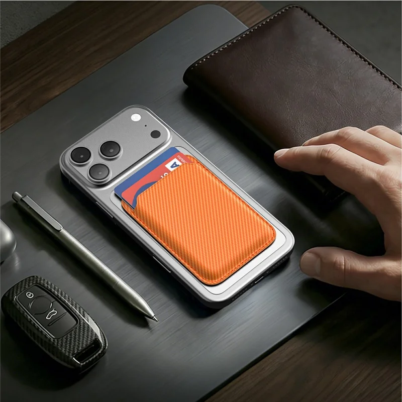 Magnetic Phone Card Holder Kevlar Carbon Fiber Wallet RFID Blocking Card Case - Orange