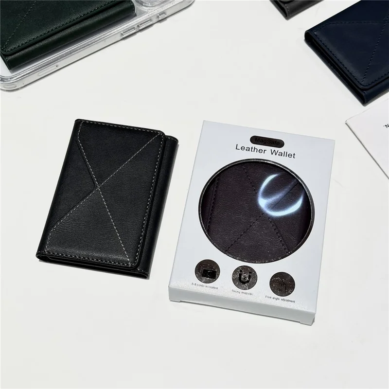 Magnetic Leather Wallet Tri-Fold Card Holder Phone Case Back Attachment - Silver
