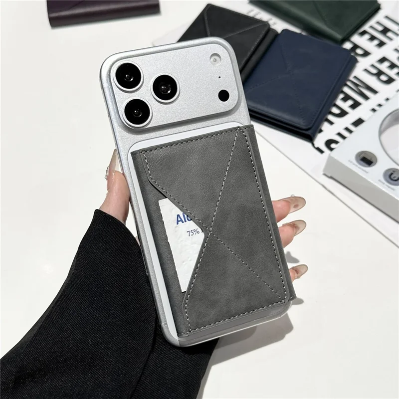 Magnetic Leather Wallet Tri-Fold Card Holder Phone Case Back Attachment - Silver