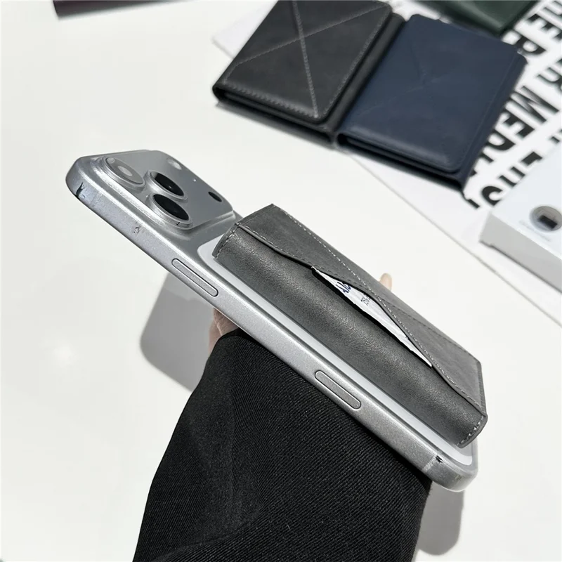 Magnetic Leather Wallet Tri-Fold Card Holder Phone Case Back Attachment - Silver