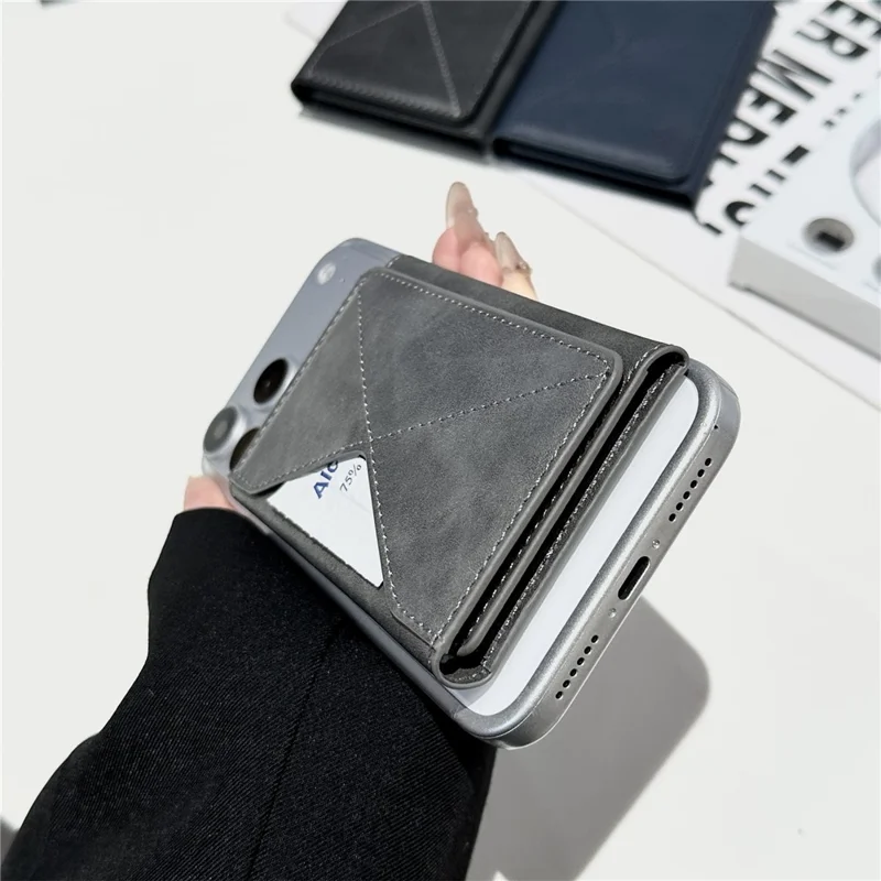 Magnetic Leather Wallet Tri-Fold Card Holder Phone Case Back Attachment - Silver