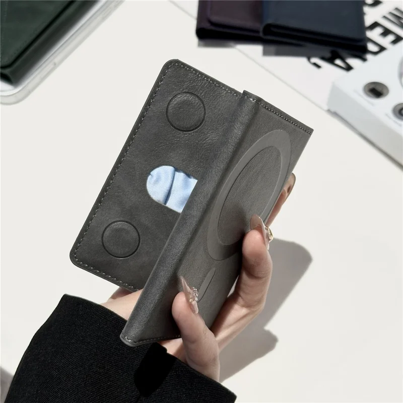 Magnetic Leather Wallet Tri-Fold Card Holder Phone Case Back Attachment - Silver