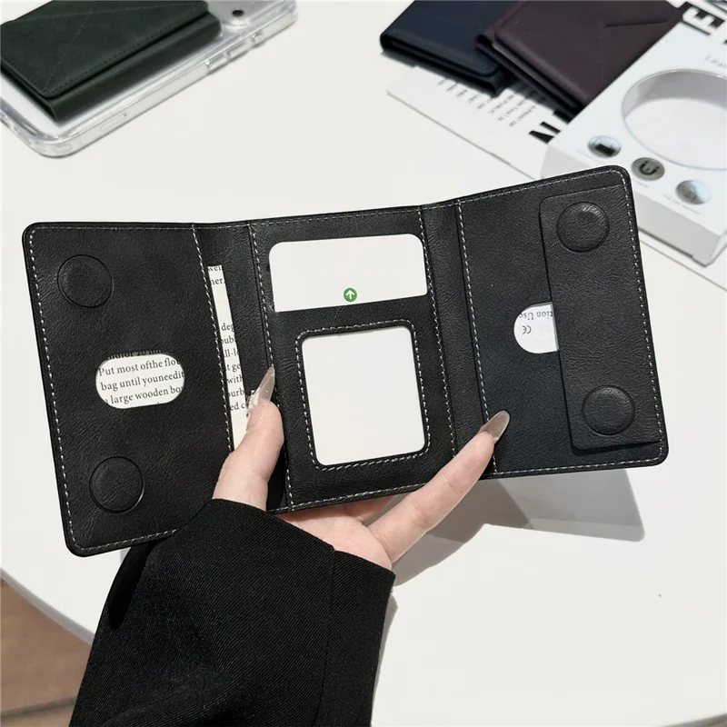 Magnetic Leather Wallet Tri-Fold Card Holder Phone Case Back Attachment - Silver
