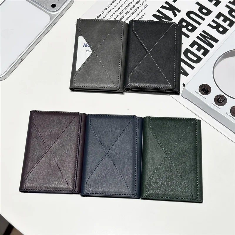 Magnetic Leather Wallet Tri-Fold Card Holder Phone Case Back Attachment - Silver