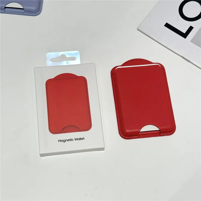 Magnetic Wallet Phone Card Holder Leather Slim Cardholder Strong Magnet Phone Pocket - Red