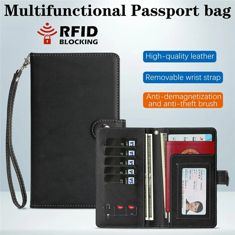 PU RFID Blocking Passport Holder Wallet Organizer 5 Card Slots Travel Document Case - Black