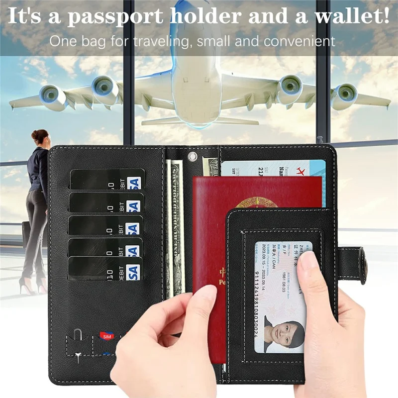 PU RFID Blocking Passport Holder Wallet Organizer 5 Card Slots Travel Document Case - Black