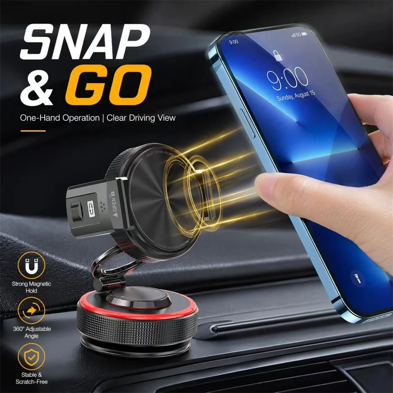 K33 Soporte Magnético para Teléfono en Coche, Rotación de 360 Grados, Montaje en Panel con Succión al Vacío, Soporte Antivibración - Negro