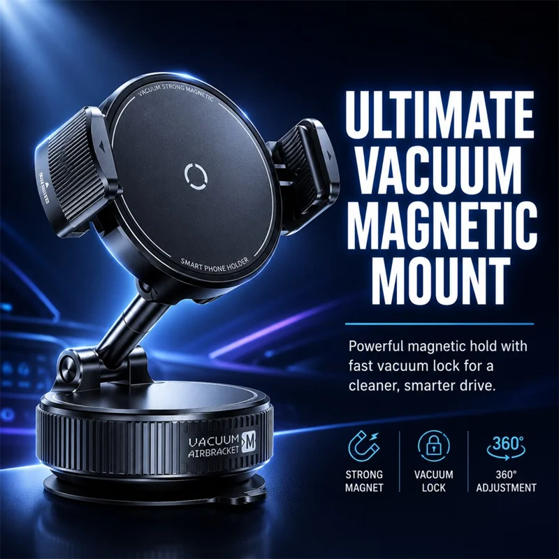 K55 Soporte para Teléfono en Coche, Montura Magnética con Succión al Vacío y Rotación de 360 Grados para Salpicadero y Parabrisas - Negro