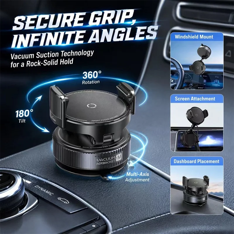 K55 Soporte para Teléfono en Coche, Montura Magnética con Succión al Vacío y Rotación de 360 Grados para Salpicadero y Parabrisas - Negro