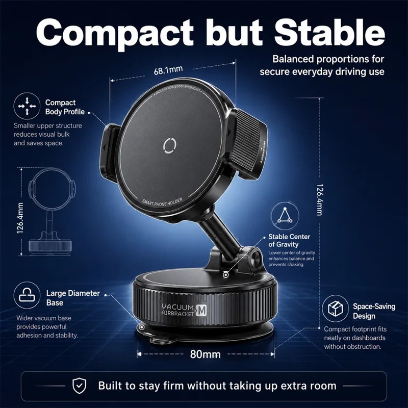 K55 Soporte para Teléfono en Coche, Montura Magnética con Succión al Vacío y Rotación de 360 Grados para Salpicadero y Parabrisas - Negro