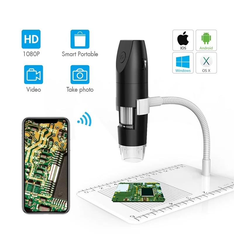 316-B WiFi Digital Microscope 50X-1000X 2MP 1080P HD Portable Handheld Magnifier for PCB Repair - Black Microscope / White Stand