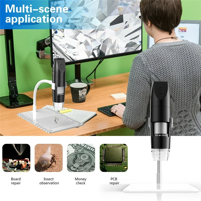 316-B WiFi Digital Microscope 50X-1000X 2MP 1080P HD Portable Handheld Magnifier for PCB Repair - Black Microscope / White Stand
