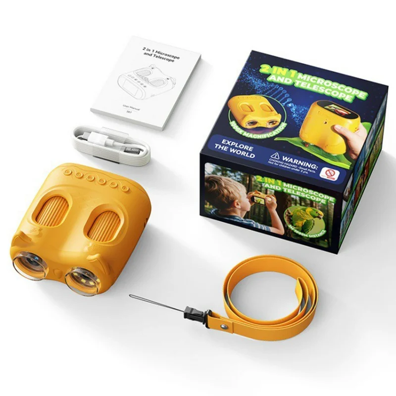 387 2 in 1 1000X Microscope 10X Telescope 2.0 Inch IPS Screen 1080P Camera Kids Science Toy - Yellow