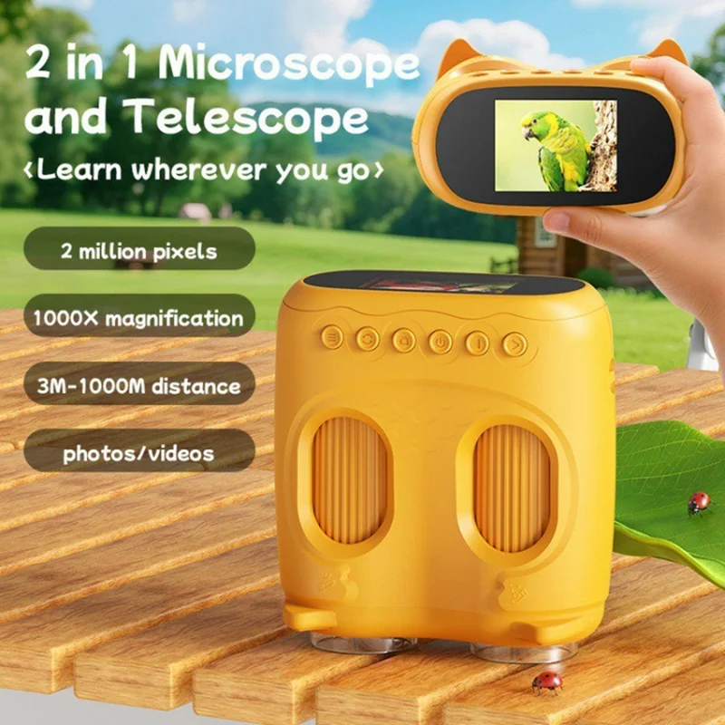 387 2 in 1 1000X Microscope 10X Telescope 2.0 Inch IPS Screen 1080P Camera Kids Science Toy - Yellow