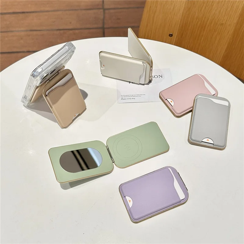 Magnetic Phone Card Holder with Mirror Slim Folding Stand Attachment PU Leather Wallet - Matcha Green
