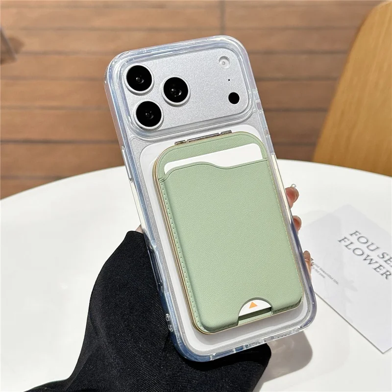 Magnetic Phone Card Holder with Mirror Slim Folding Stand Attachment PU Leather Wallet - Matcha Green