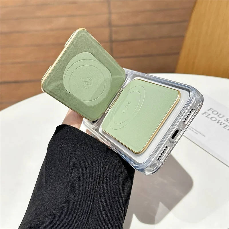 Magnetic Phone Card Holder with Mirror Slim Folding Stand Attachment PU Leather Wallet - Matcha Green