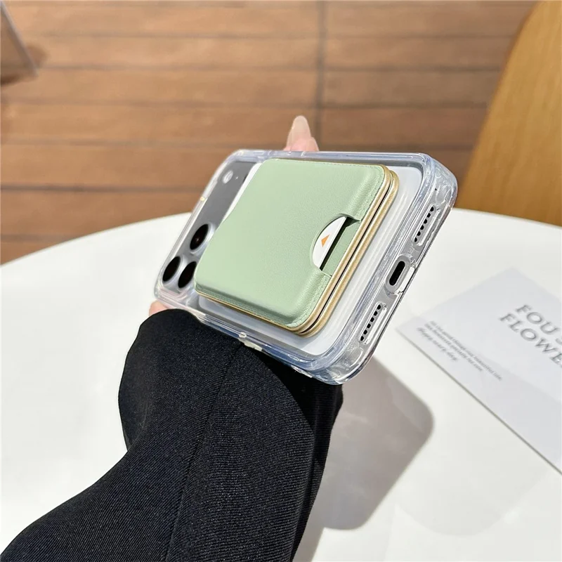 Magnetic Phone Card Holder with Mirror Slim Folding Stand Attachment PU Leather Wallet - Matcha Green