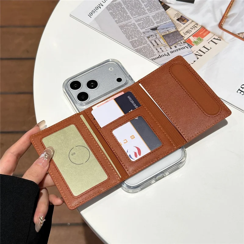 Tri-Fold Leather Card Holder Magnetic Phone Stand Wallet Credit Card Sleeves - Coffee