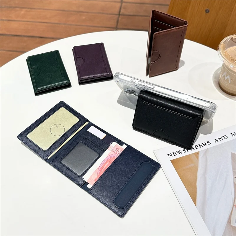 Tri-Fold Leather Card Holder Magnetic Phone Stand Wallet Credit Card Sleeves - Coffee