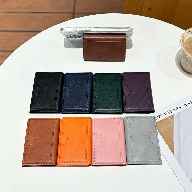Tri-Fold Leather Card Holder Magnetic Phone Stand Wallet Credit Card Sleeves - Coffee