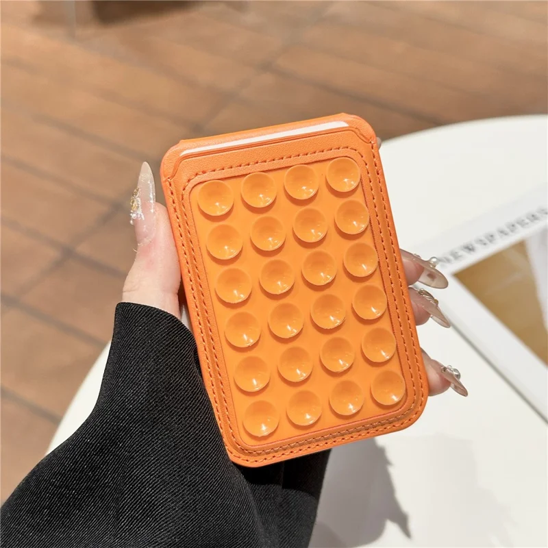 Suction Phone Wallet Card Holder Stand Silicone Pop-it Design Adhesive Mount - Orange