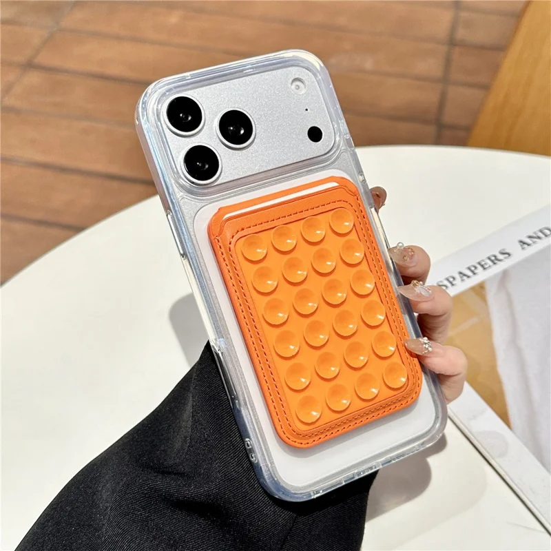 Suction Phone Wallet Card Holder Stand Silicone Pop-it Design Adhesive Mount - Orange
