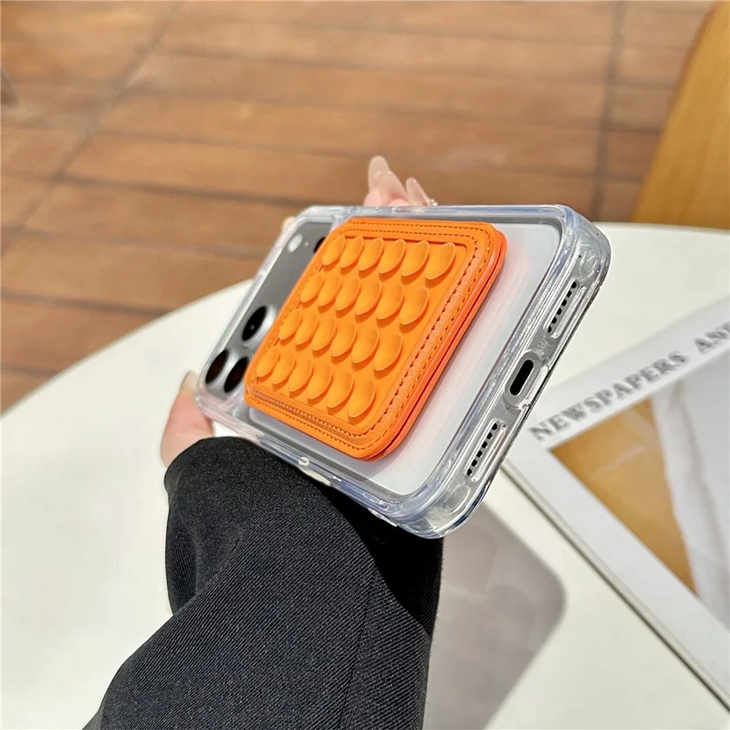 Suction Phone Wallet Card Holder Stand Silicone Pop-it Design Adhesive Mount - Orange